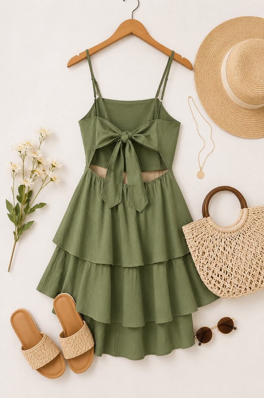 Halara Olive Green Tiered Ruffle Mini Dress S Tie Back Cutout Open Back Sundress